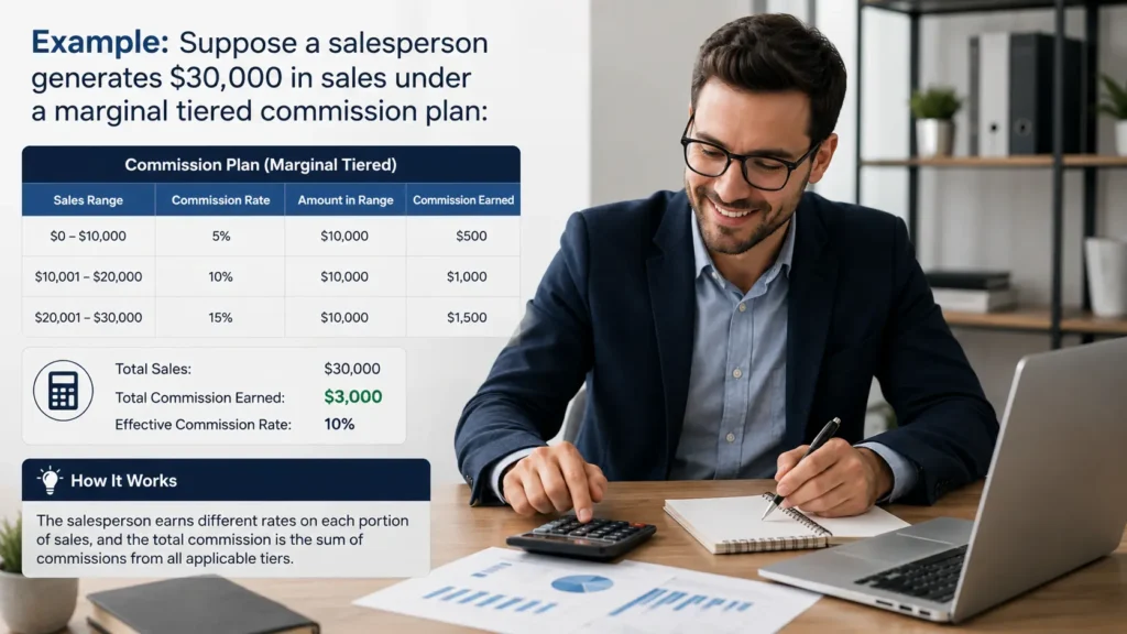 Suppose a salesperson generates $30,000 in sales under a marginal tiered commission plan