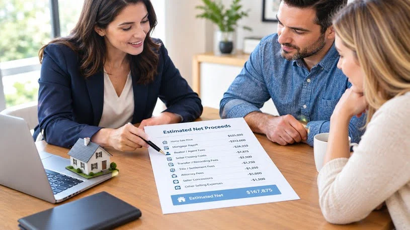 Real estate agent and homeowner reviewing a net sheet together
