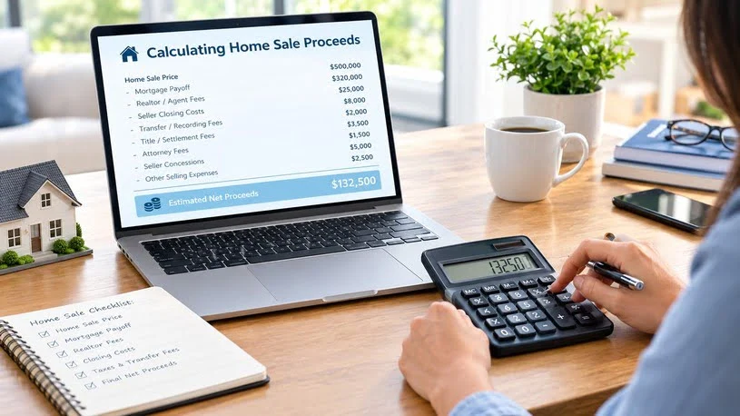 Close-up of hands using a calculator next to closing cost paperwork