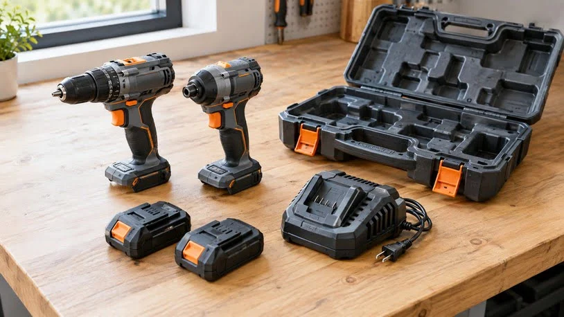 Power tool combo set with drill, impact driver, two batteries and charger on a workbench